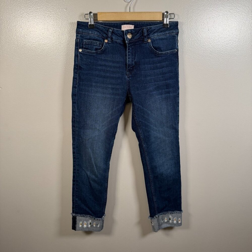 Ted Baker Pralina Embroidered Jeans Size 26 Floral Cuff Slim Leg Mid Rise Denim